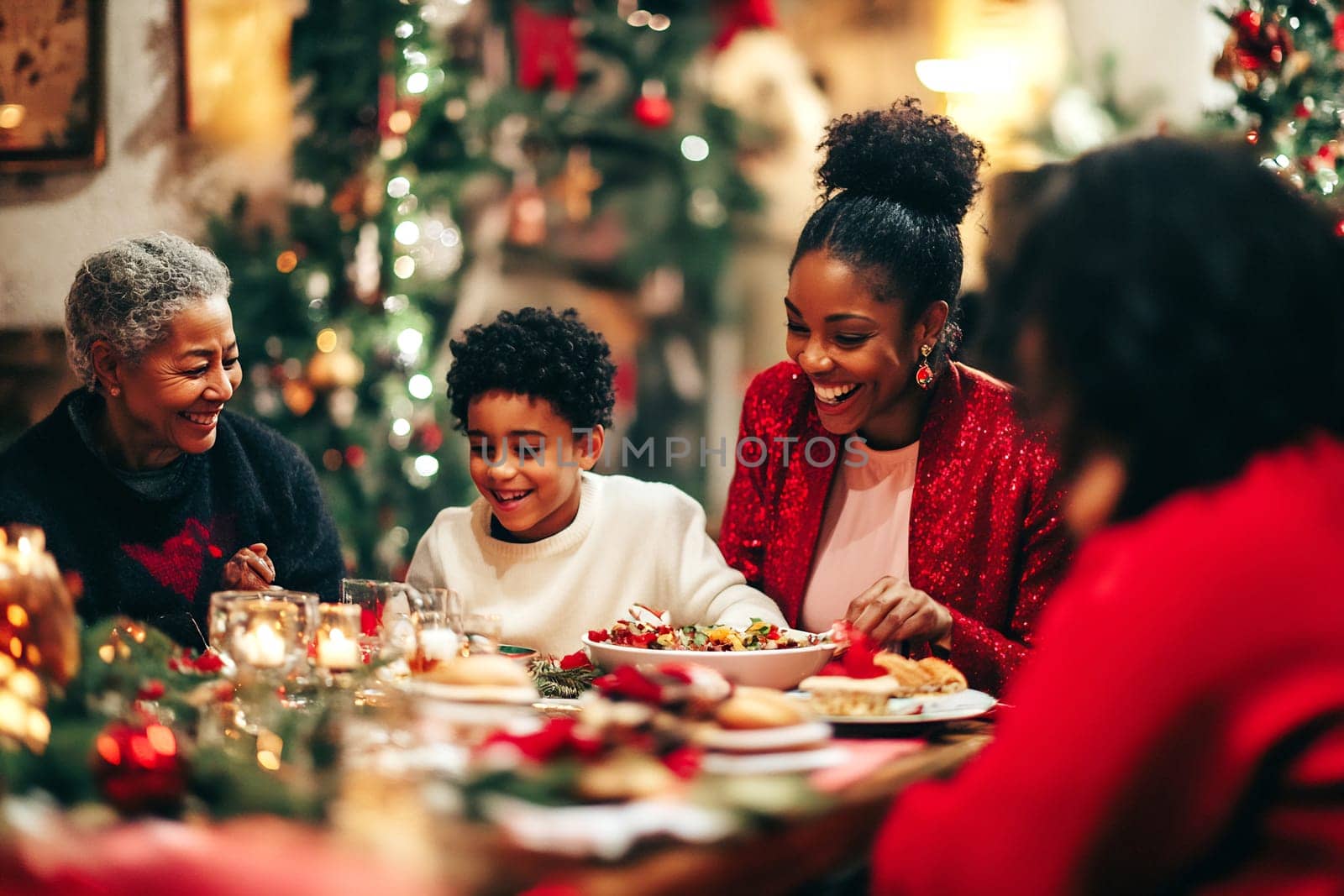 A family gathers around a beautifully set table, sharing delicious food and laughter in a warm holiday atmosphere.