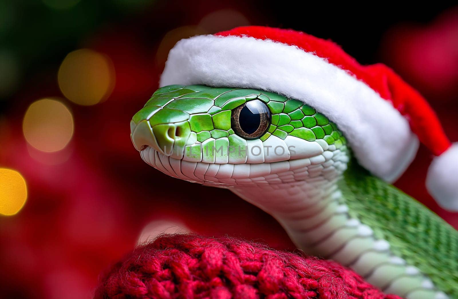 This green snake, adorned with a Santa hat, relaxes on a cozy knitted cap with colorful holiday decorations in the background.