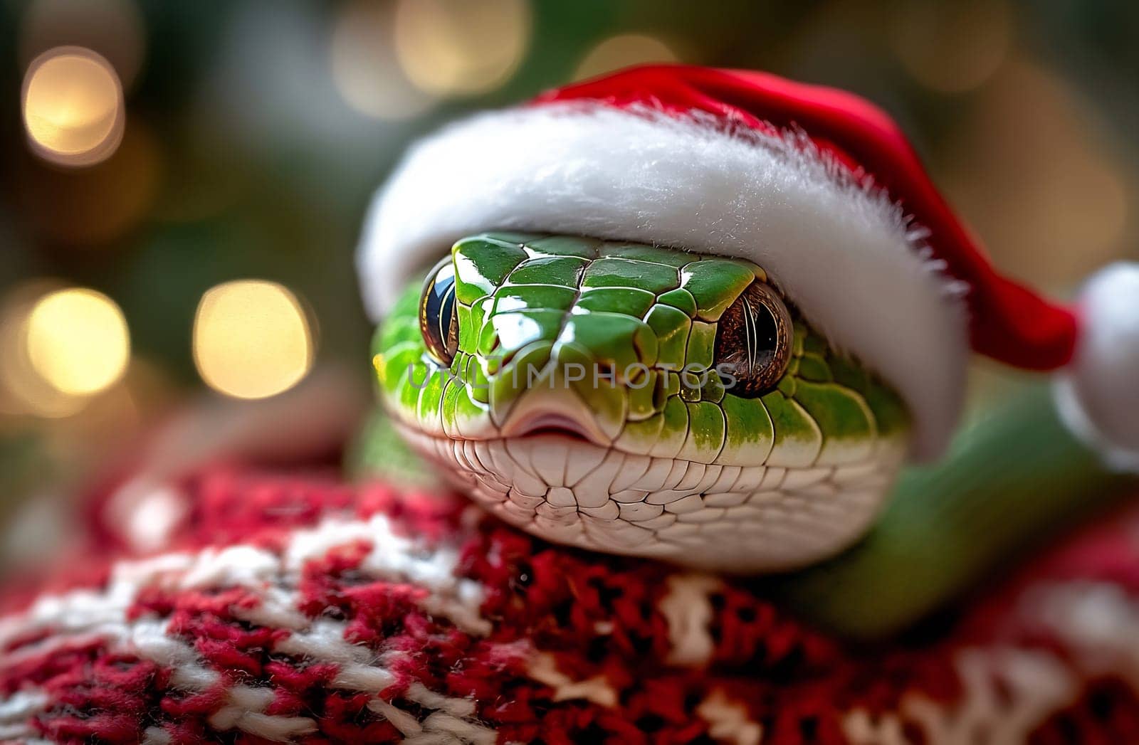 A green lizard adorned with a Santa hat relaxes on a warm, festive blanket, embodying the joy of the holiday season.
