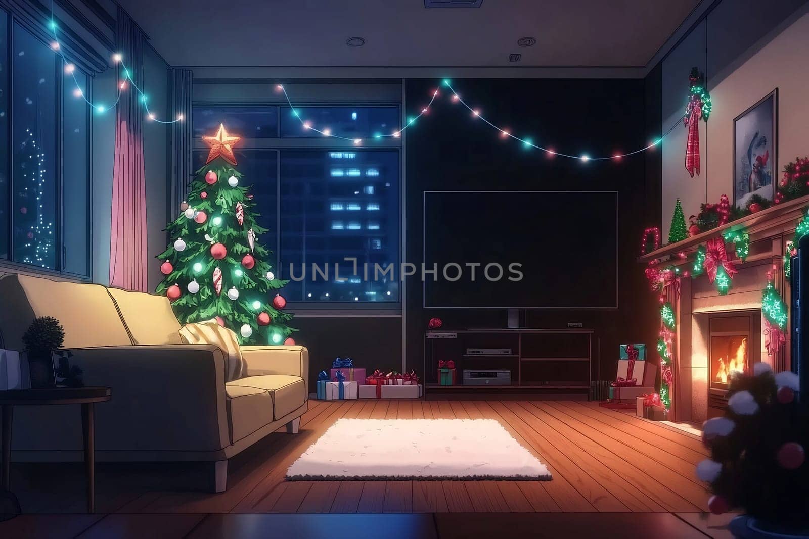 A warm and inviting living room features a Christmas tree adorned with ornaments, a fireplace glowing softly, and holiday decorations throughout.