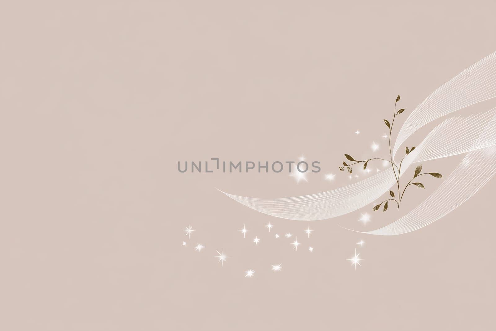 A delicate botanical motif features smooth lines and sparkles against a soft, neutral background, conveying serenity and elegance.