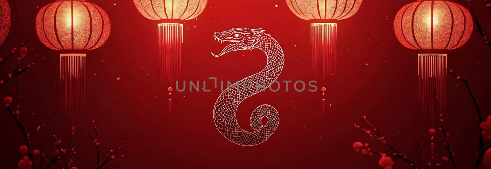 Bright lanterns illuminate a red backdrop, showcasing a stylized dragon symbolizing fortune and prosperity during Lunar New Year festivities.
