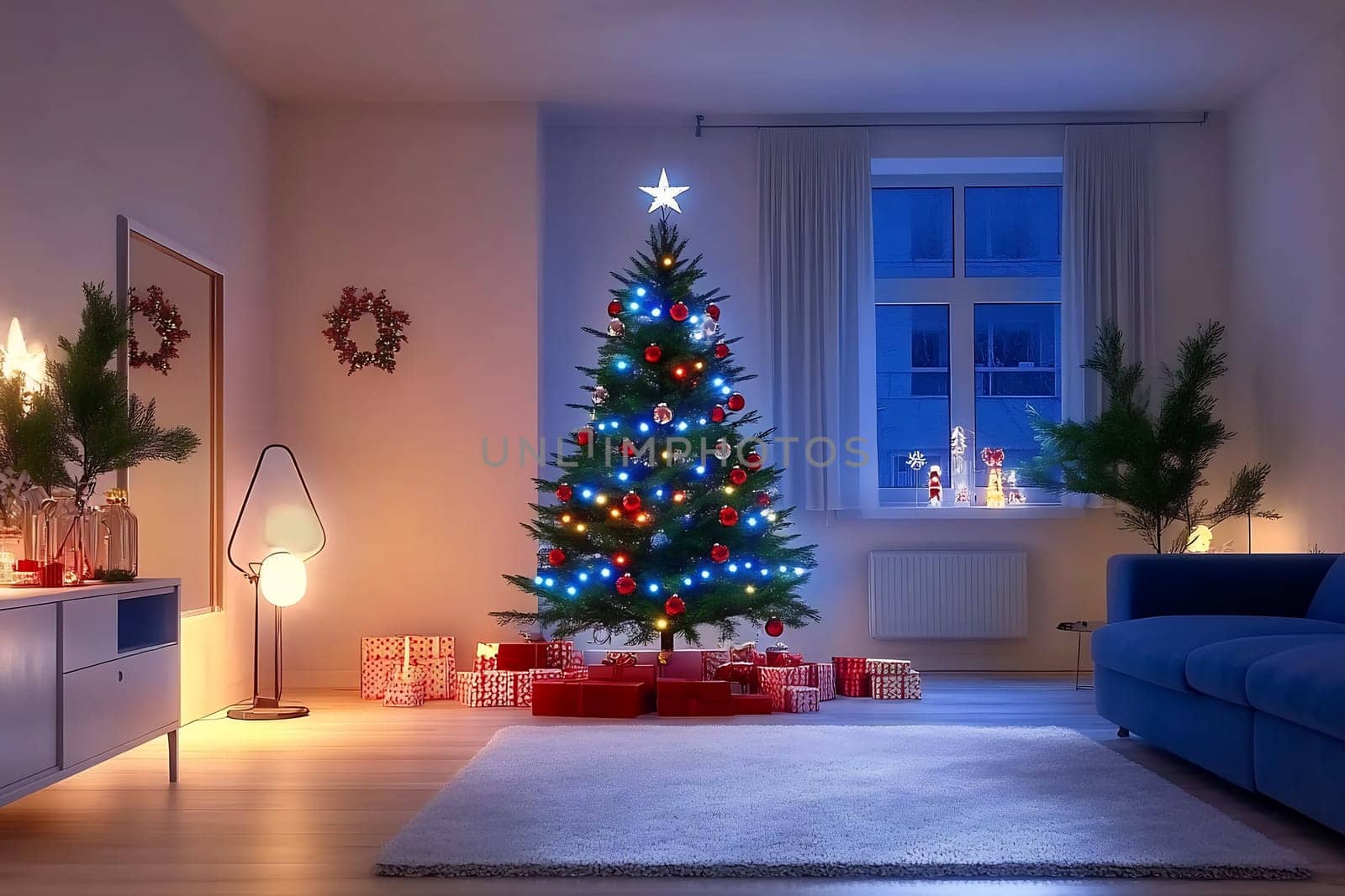 A beautifully decorated Christmas tree adorned with colorful lights stands next to wrapped gifts, illuminating the cozy living room at night.