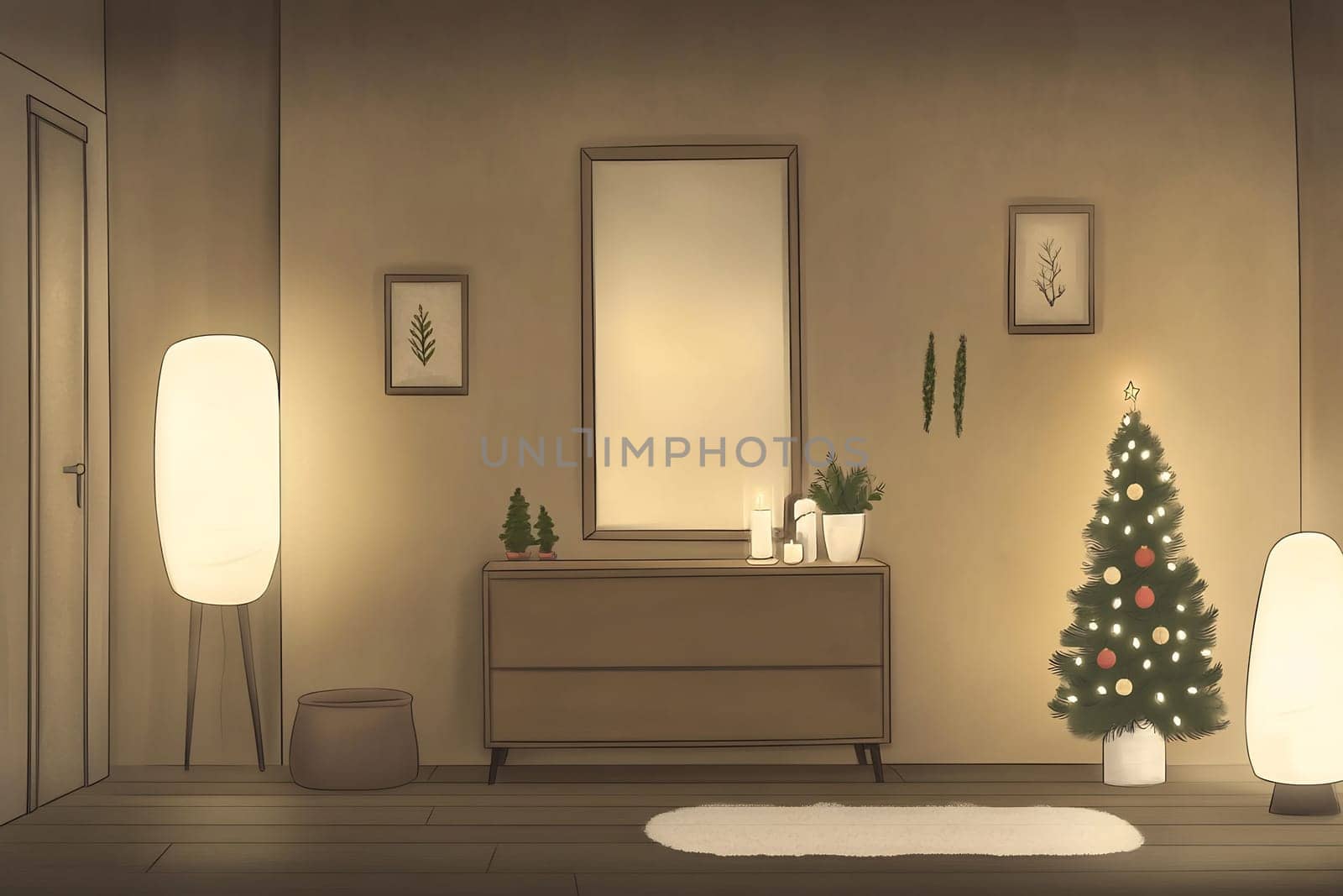 A warmly lit living room featuring a Christmas tree, minimal decor, and festive elements that celebrate the holiday season.