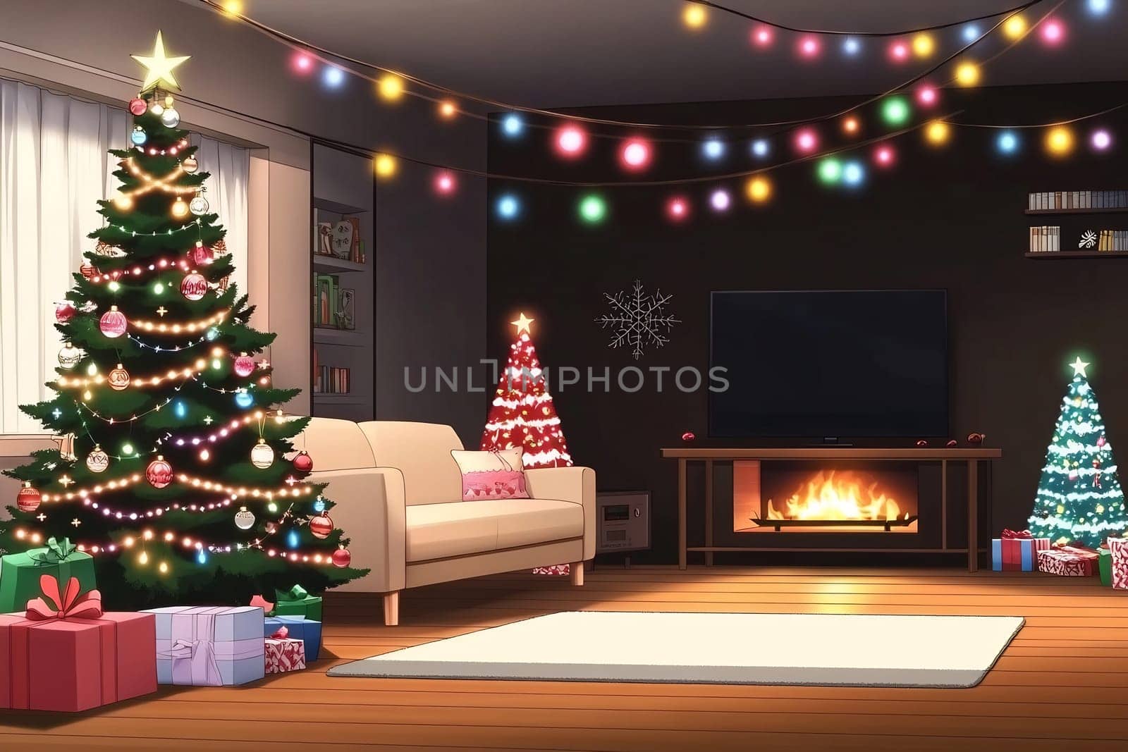The living room features illuminated Christmas trees, colorful lights, and a warm fireplace, creating a festive winter atmosphere.