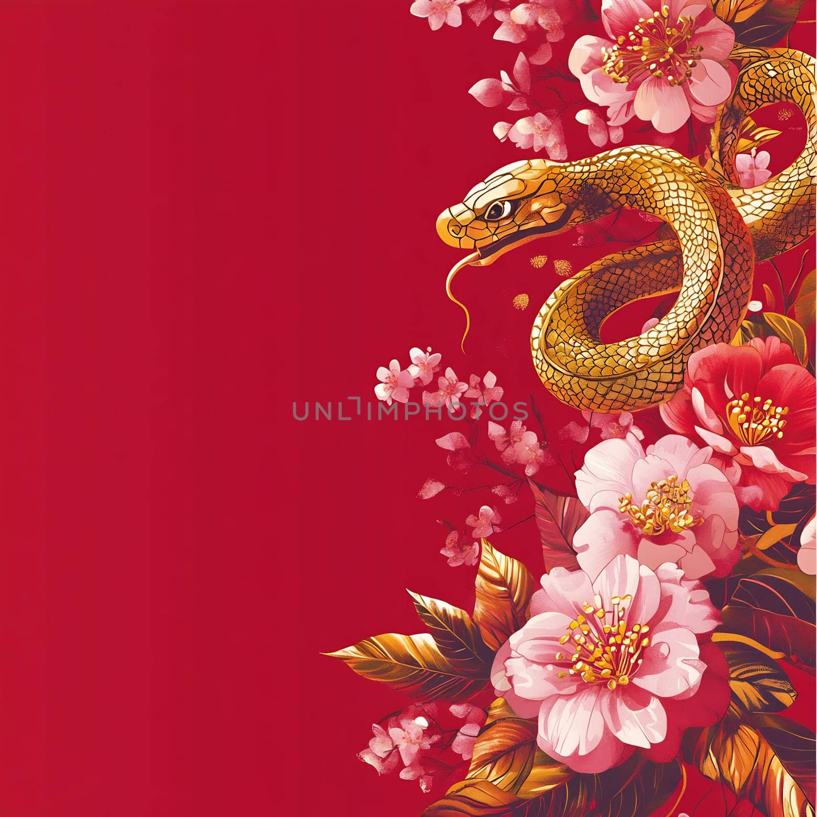 A golden snake curls through pink flowers against a bold red backdrop, creating a striking contrast and a sense of movement.