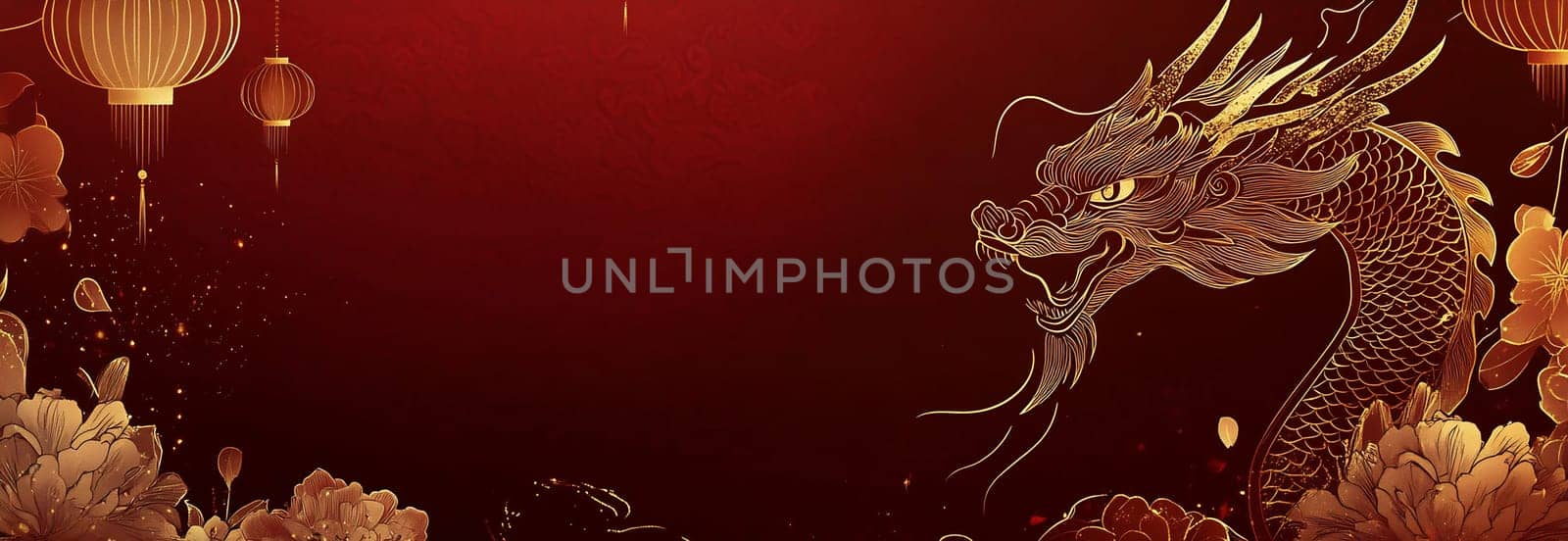 Decorative elements feature a fierce dragon entwined among glowing lanterns and floral designs, symbolizing joy and celebration.