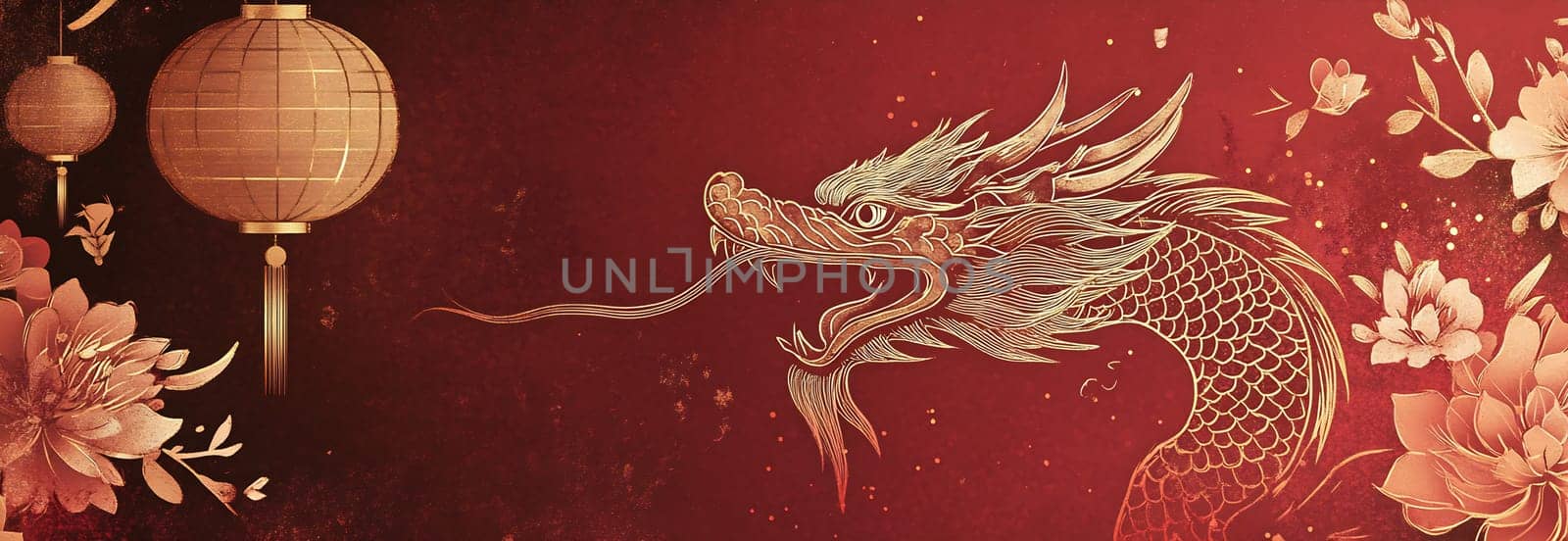 A vibrant dragon is seen among decorative lanterns and flowers, showcasing cultural artistry during a celebration.