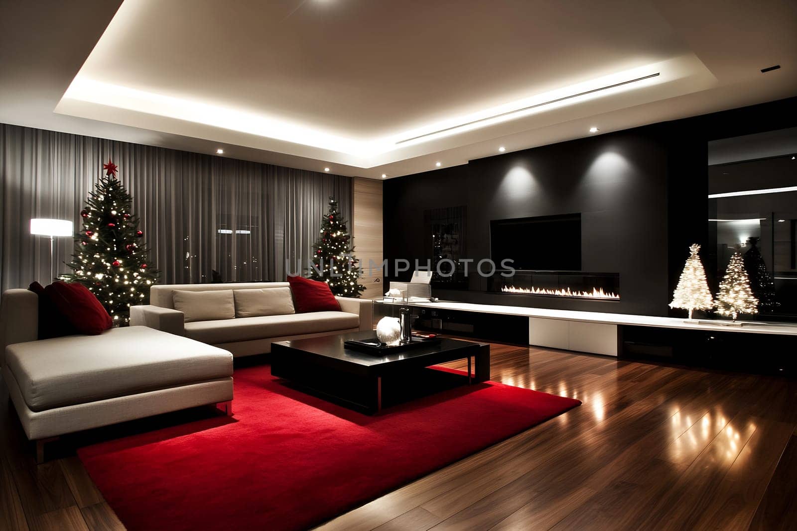 The stylish living room features Christmas trees, a red rug, and ambient lighting, creating a warm and inviting festive atmosphere.