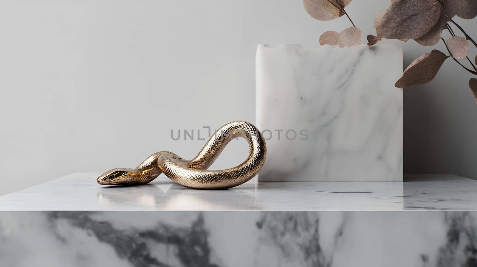 A golden snake decoration rests artfully on a marble surface alongside a stylish arrangement of dried leaves, enhancing contemporary decor.