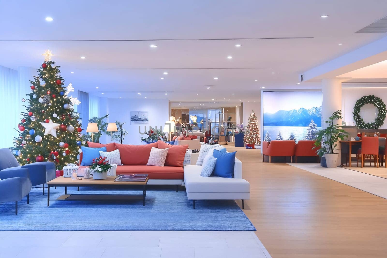 A warm and inviting living room features a well-decorated Christmas tree and colorful furniture, creating a festive atmosphere for gatherings.