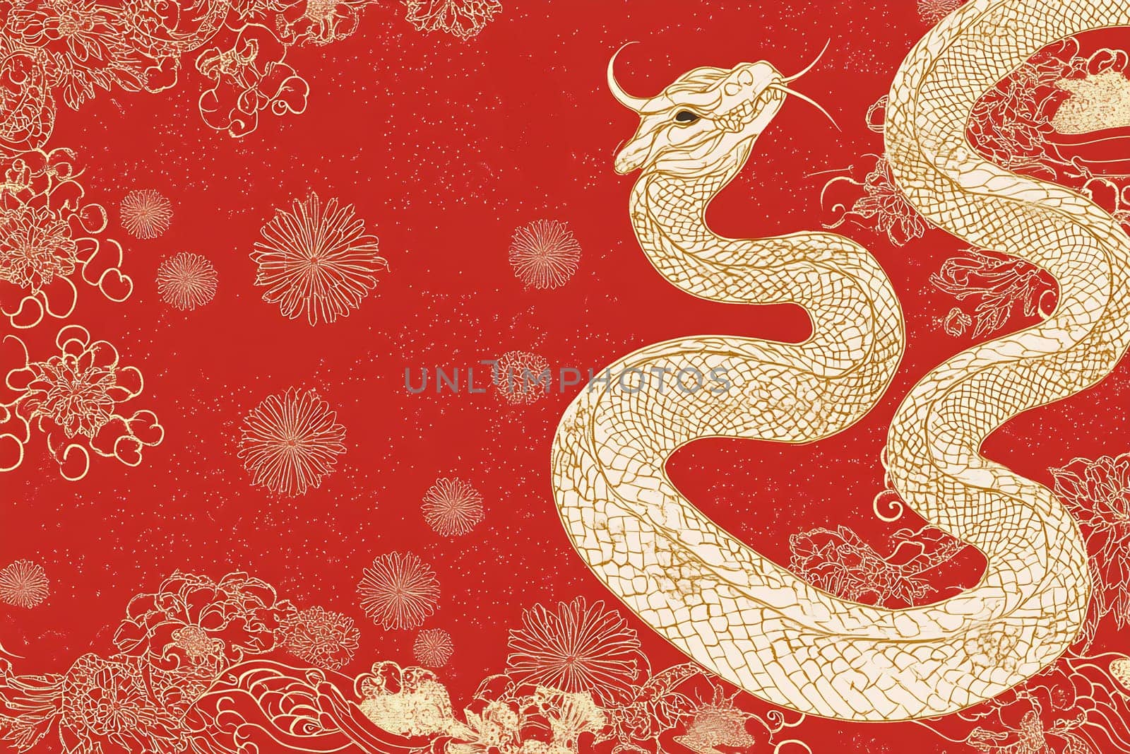 A beautifully designed golden snake coils against a vivid red background, surrounded by detailed floral patterns representing strength and renewal.