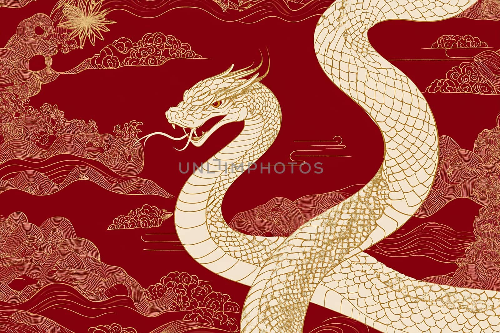 A majestic white dragon twists gracefully through stylized clouds on a vibrant red backdrop, embodying strength and elegance.