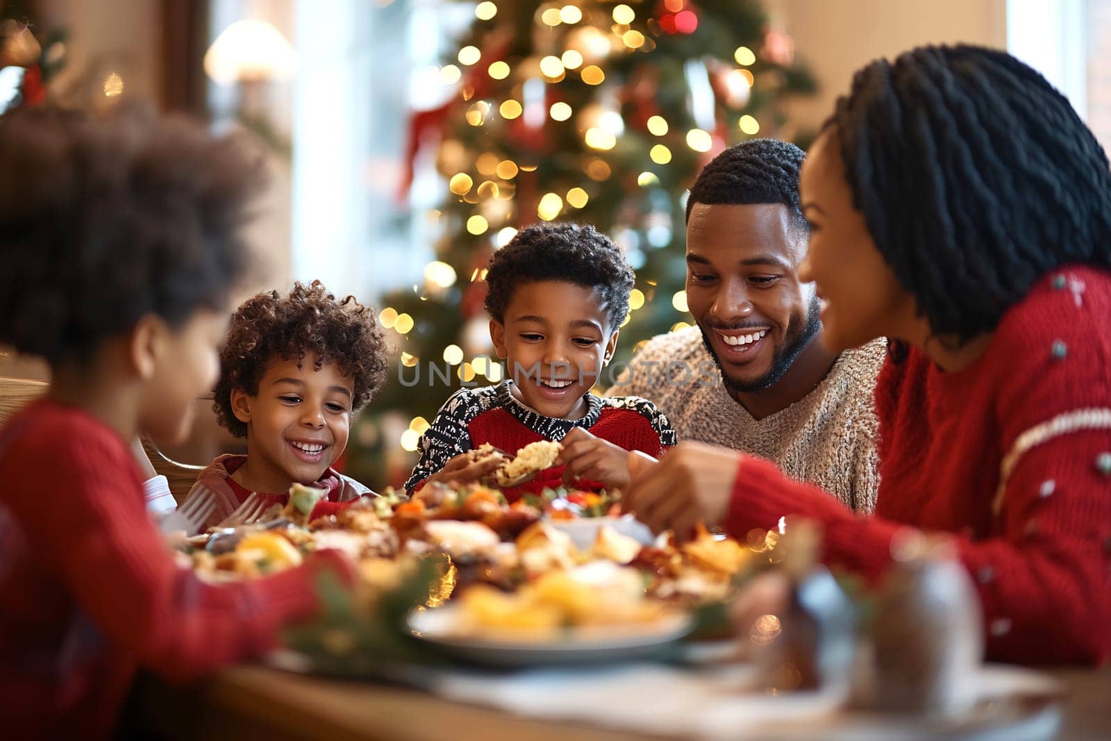 A joyful family gathers around a table filled with delicious dishes, sharing laughter and warmth during the holiday celebration.