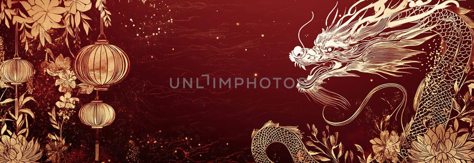 A majestic golden dragon weaves through vibrant floral patterns and lanterns on a rich red backdrop, embodying tradition and festivity.