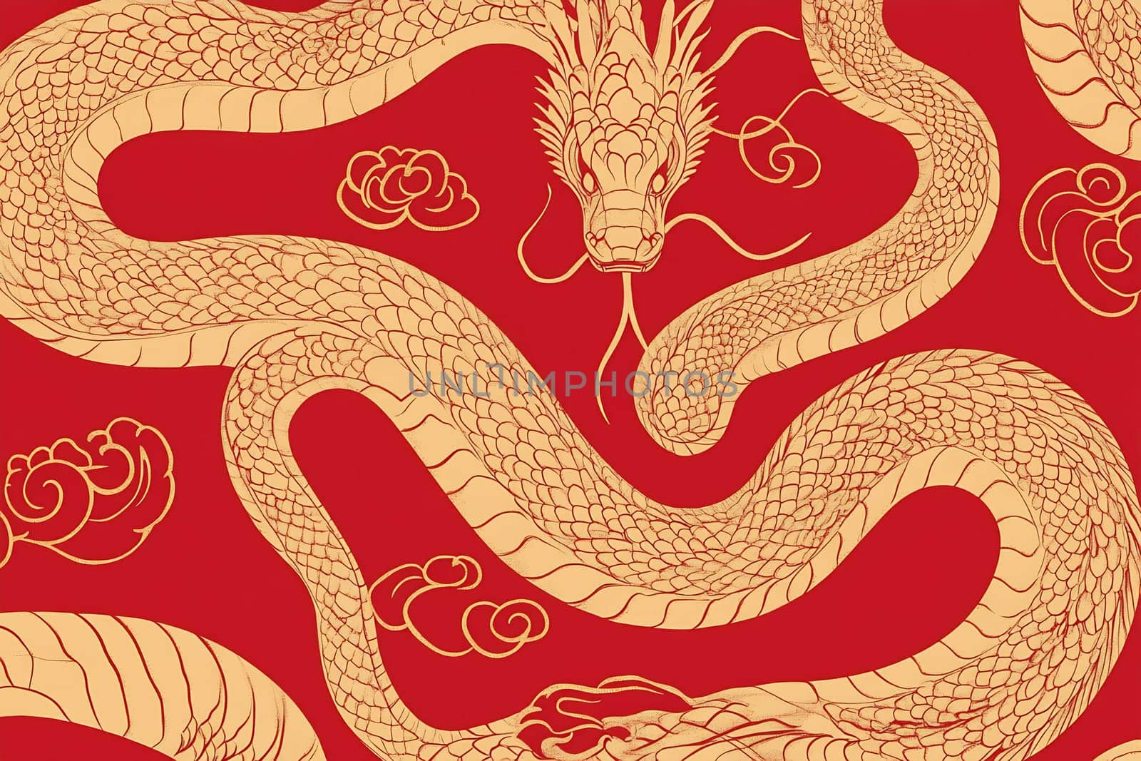 A golden dragon weaves through clouds on a rich red background, highlighting exquisite craftsmanship and cultural meaning.