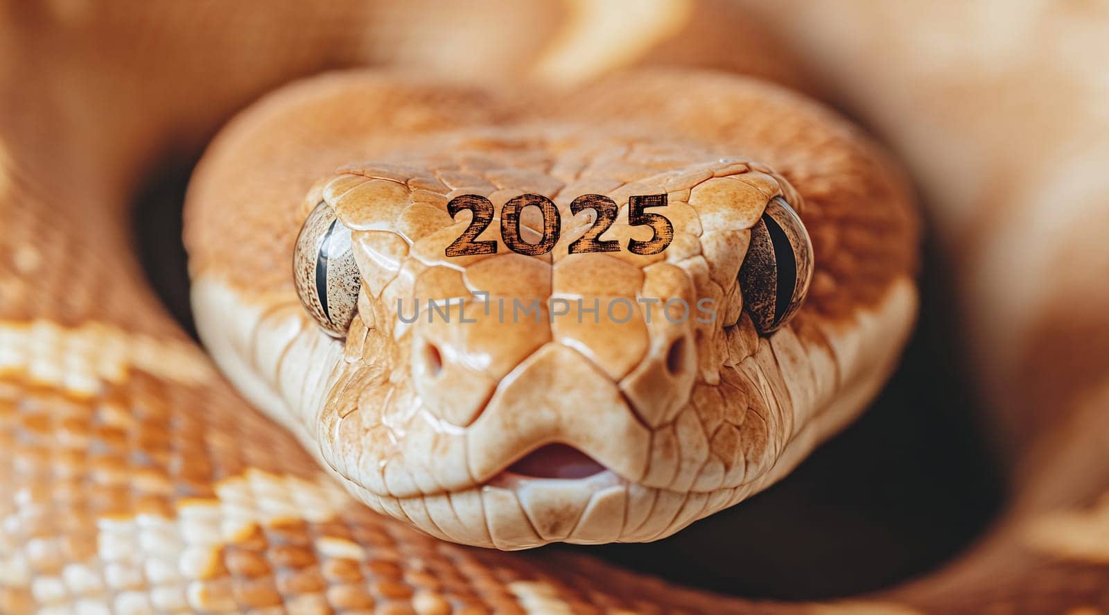 The close-up features a snake's head with the year 2025 inscribed, highlighting its unique patterns and textures in a natural setting.