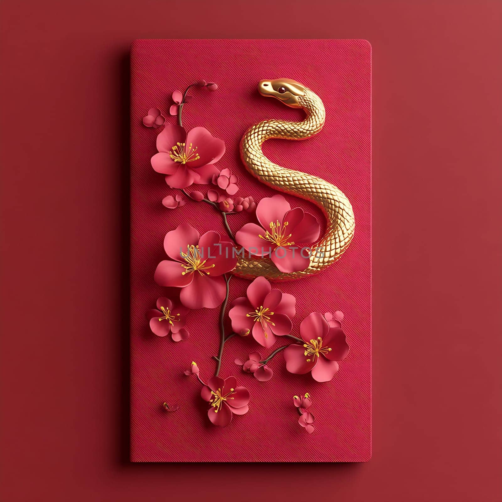 The striking red notebook features a golden snake entwined with delicate pink flowers, creating a stunning visual contrast and harmony.