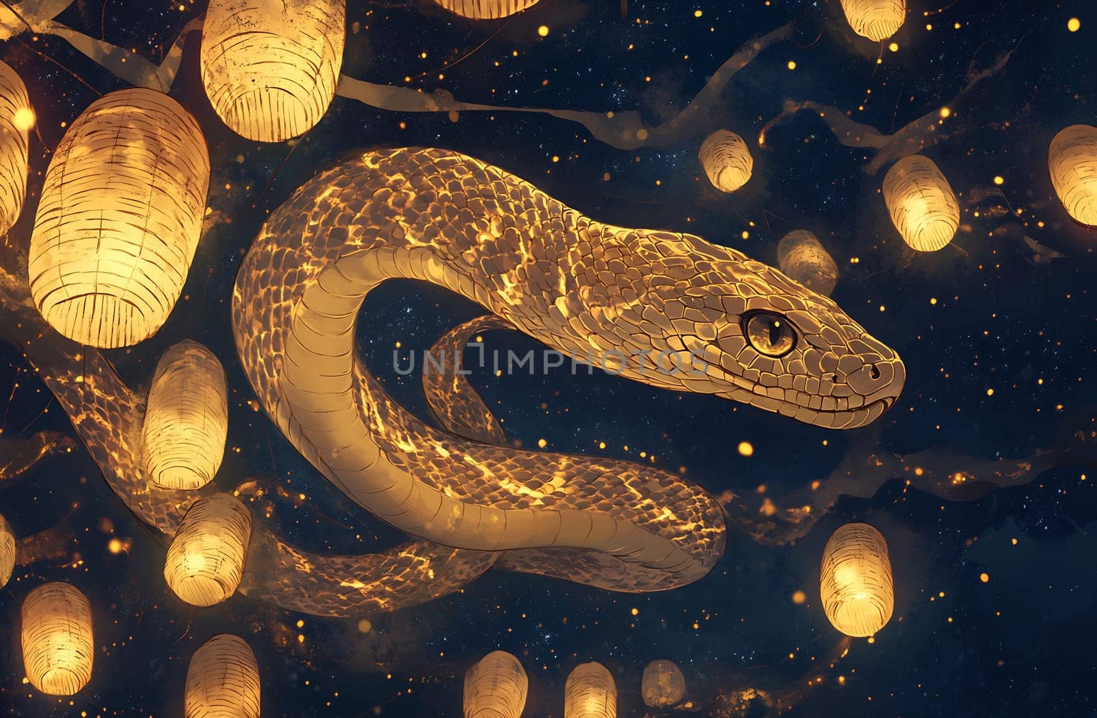 A snake gracefully moves among floating lanterns, creating a magical atmosphere in the night sky.
