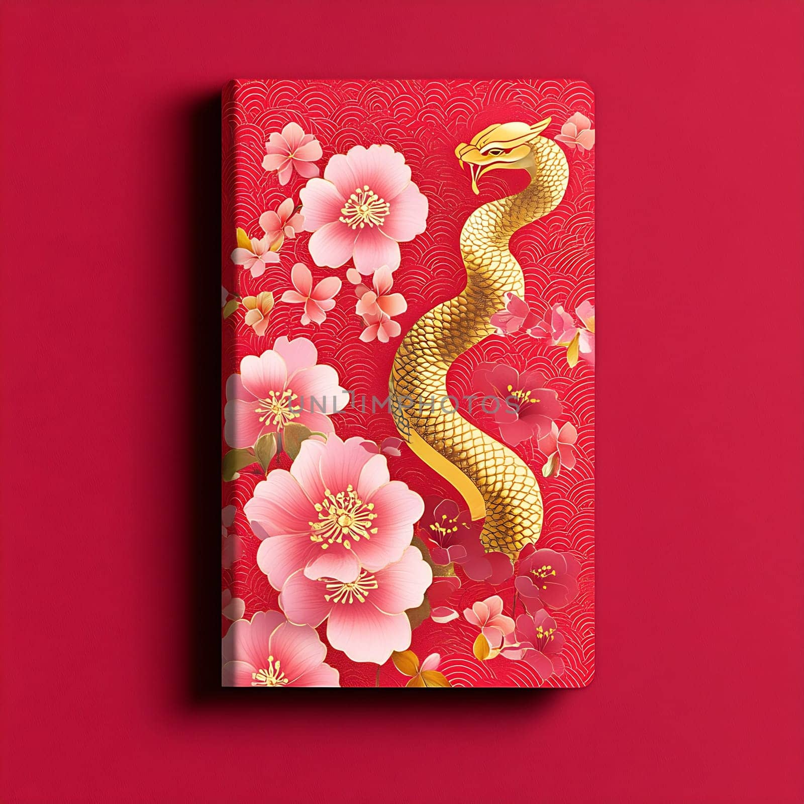 The notebook showcases a striking golden dragon entwined with delicate pink flowers, set against a rich red background.
