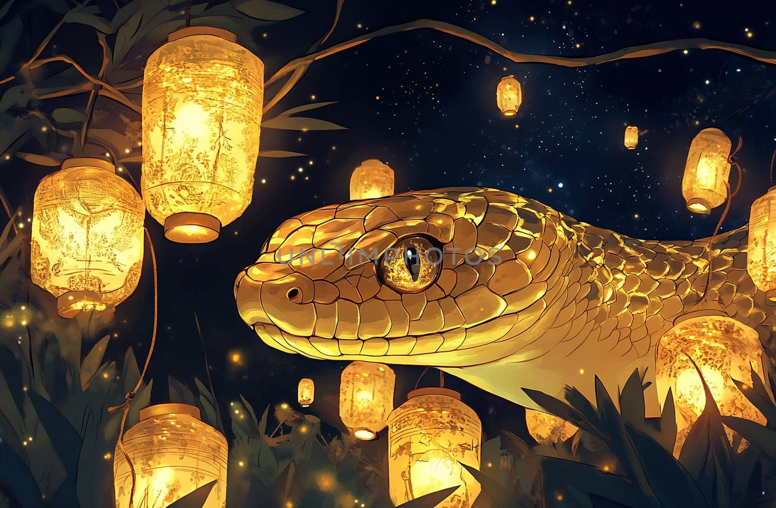 A golden snake glides through a tranquil scene filled with glowing lanterns and a starry sky, creating a magical atmosphere.