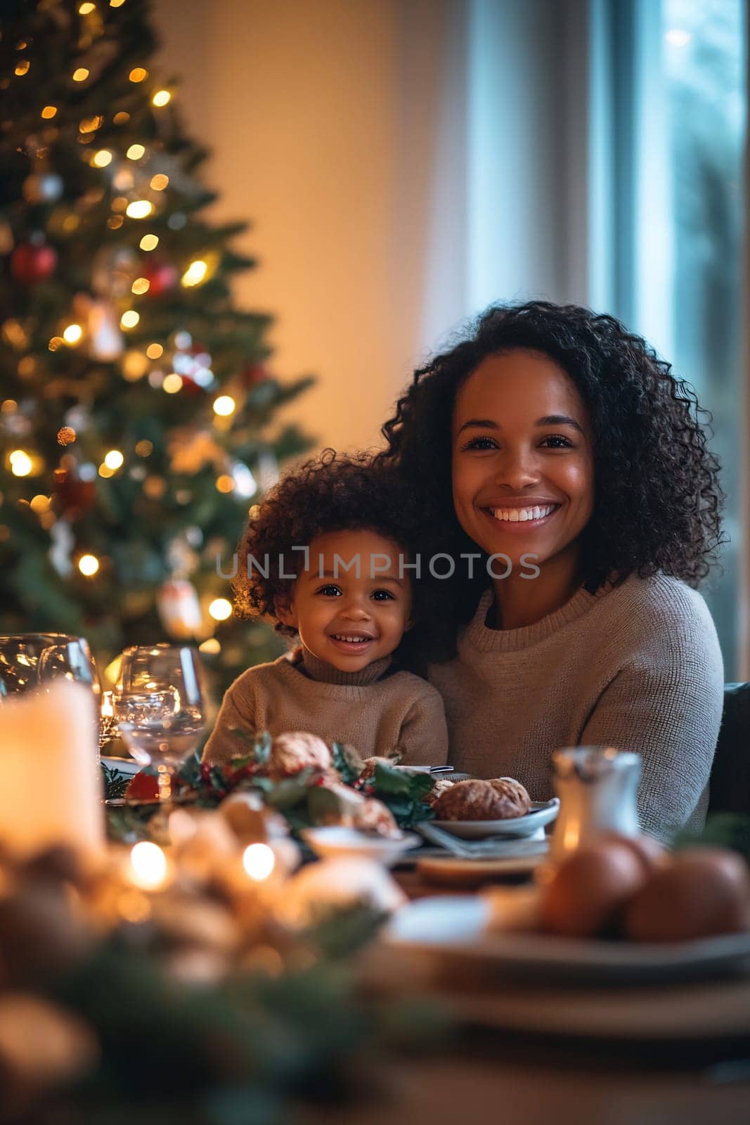 A mother and her smiling child share a special moment at a Christmas dinner table adorned with delicious food and a sparkling tree.