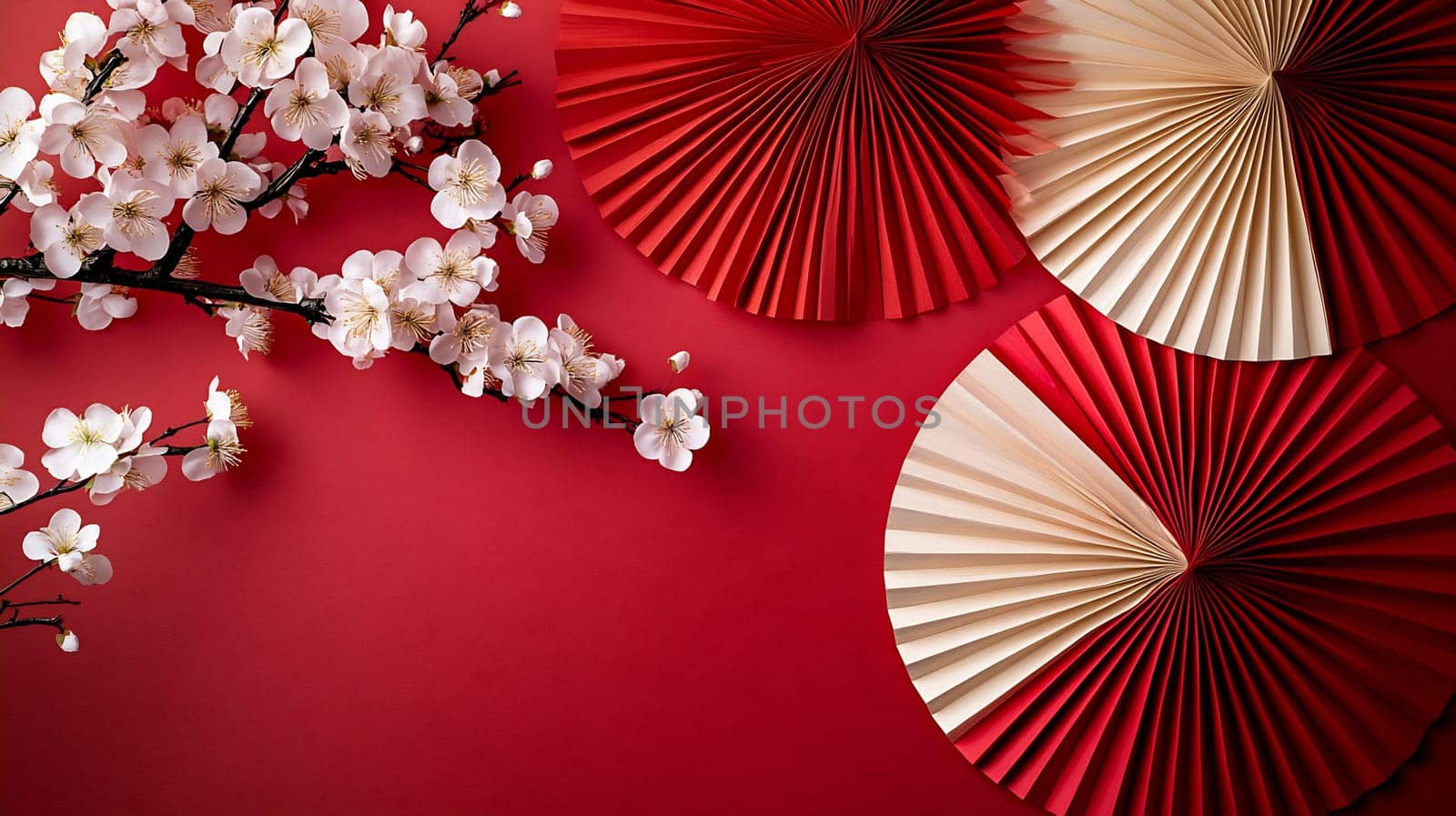Decorative fans in red and cream are arranged beside delicate cherry blossoms on a striking red background, creating a festive atmosphere.
