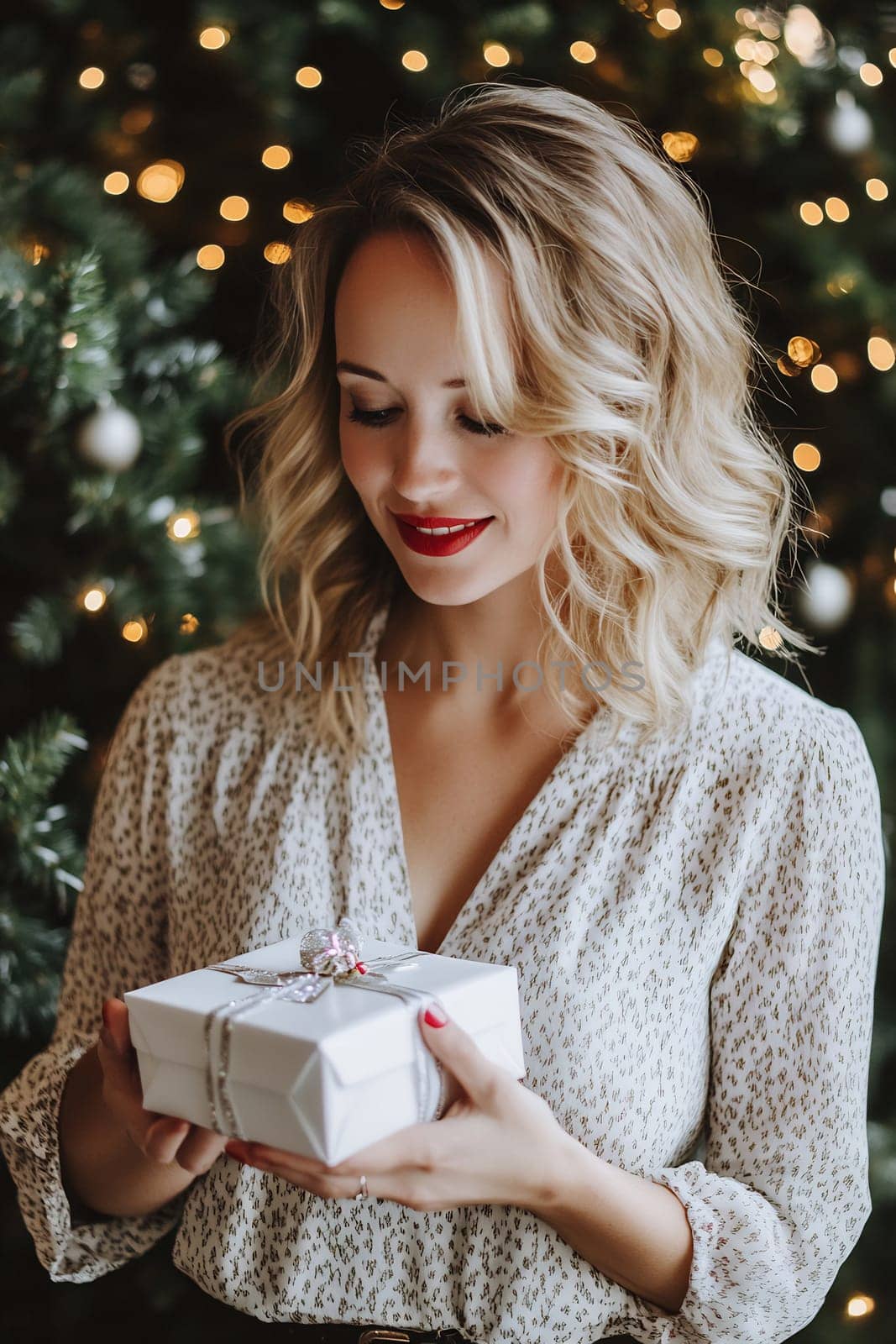 A woman with blonde hair smiles as she holds a wrapped present near a beautifully lit Christmas tree filled with ornaments.