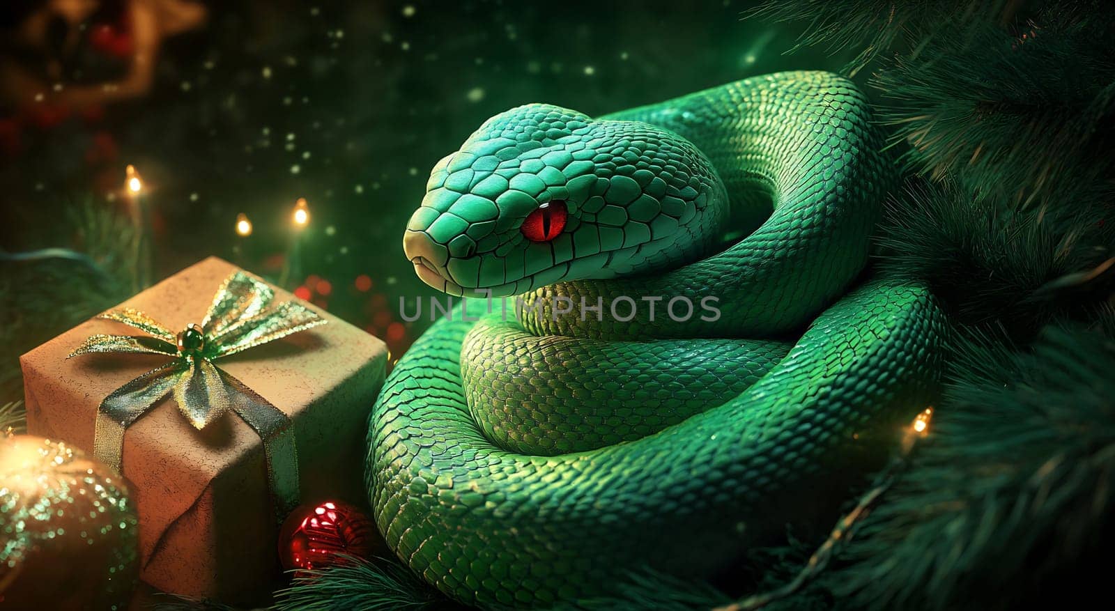 A green snake rests gracefully around a wrapped gift, surrounded by twinkling lights and holiday decorations, creating a magical scene.