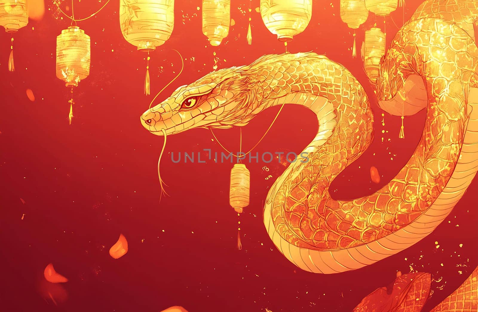 A striking golden snake gracefully weaves among glowing lanterns, creating a festive atmosphere filled with color and light.