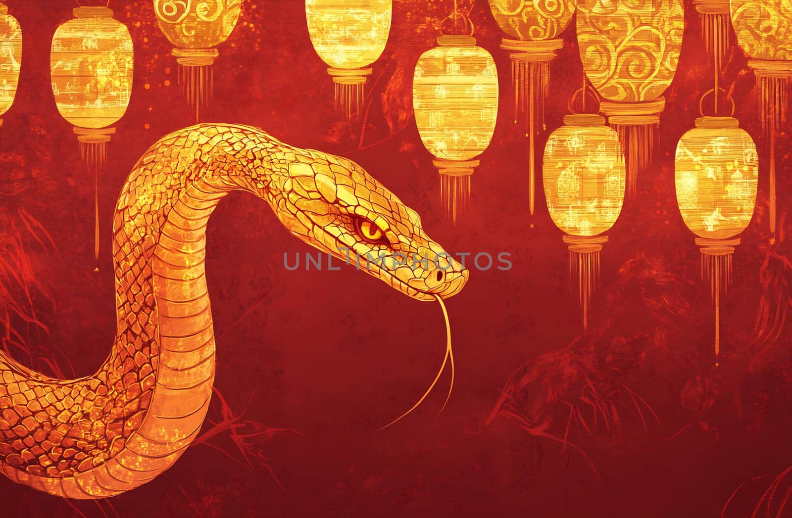 The golden snake moves elegantly below the bright lanterns during a vibrant cultural festival, showcasing traditional artistry.