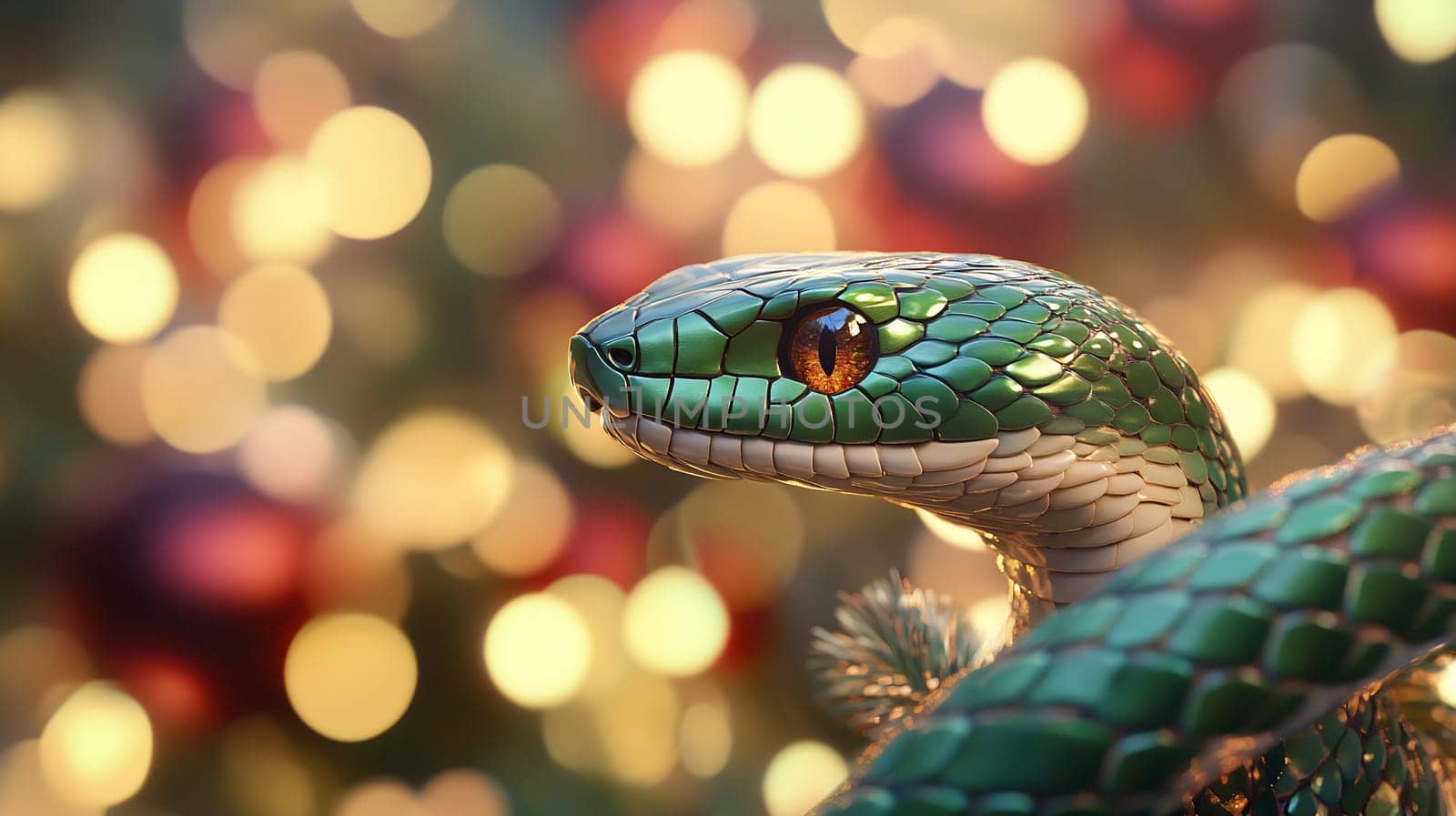 The green snake elegantly weaves through colorful holiday decorations, enhancing the festive atmosphere with its vivid presence.