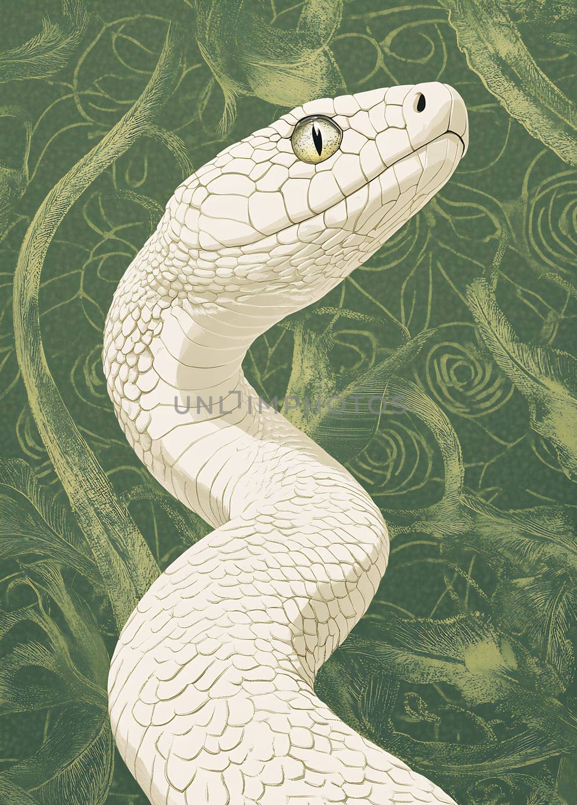 A white snake moving smoothly, showcasing its distinctive scales and piercing yellow eyes against a green patterned background.