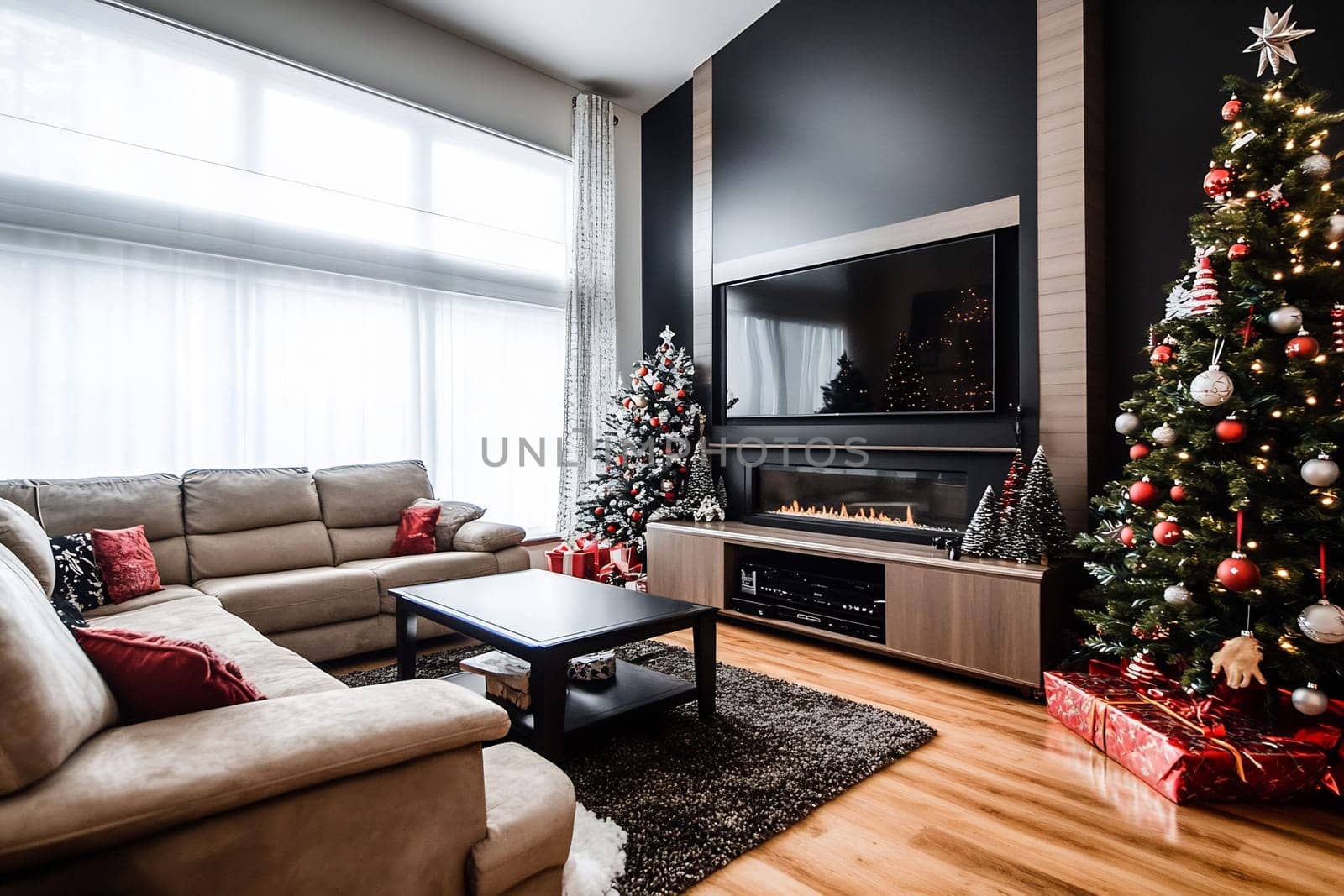 A stylish living room features two festive Christmas trees, cozy seating, and holiday decorations, creating a warm and inviting atmosphere.