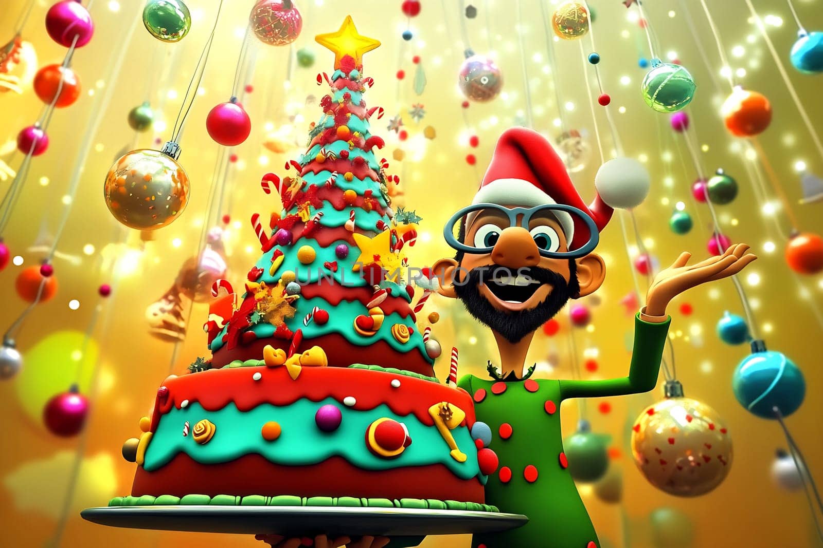 A joyful figure adorned in holiday attire showcases a bright Christmas tree and a vibrant cake amid shimmering decorations and lights.