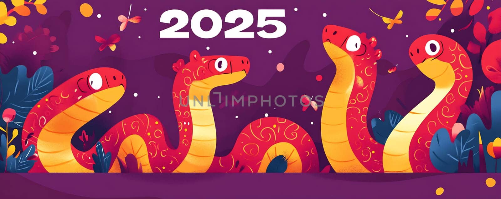 Four animated snakes with bright colors and decorative patterns celebrate the Year of the Snake, symbolizing joy and new beginnings in 2025.