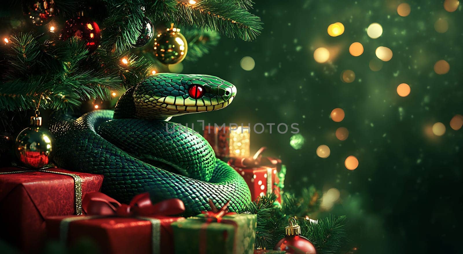 The vibrant green snake coils around beautifully wrapped presents under a twinkling Christmas tree, enhancing the festive atmosphere.