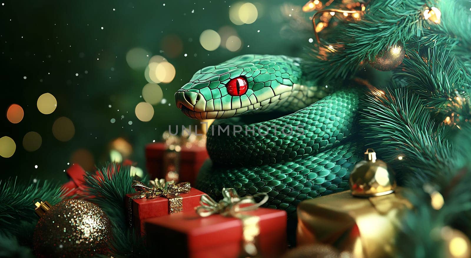 The striking green snake coils harmoniously with colorful Christmas gifts and ornaments, creating a whimsical holiday atmosphere.