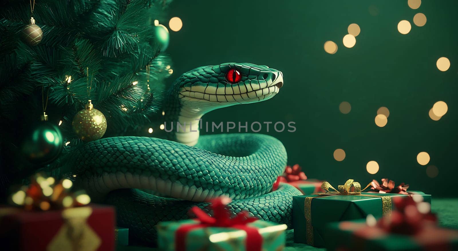 A green snake is coiled around colorful Christmas presents beneath a beautifully decorated tree with twinkling lights.
