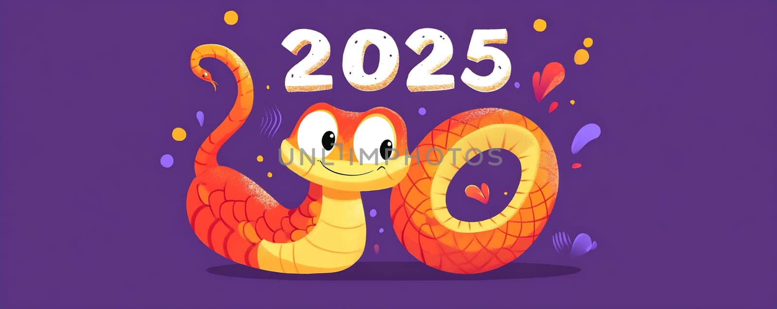 A joyful snake character represents the year 2025, decorated with vibrant hearts and playful designs to celebrate the new year.