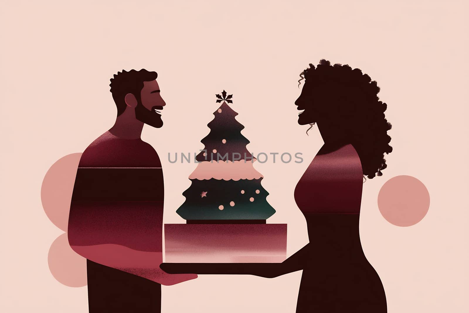 A man and woman joyfully hold a Christmas gift while standing before a beautifully decorated tree, celebrating the holiday together.