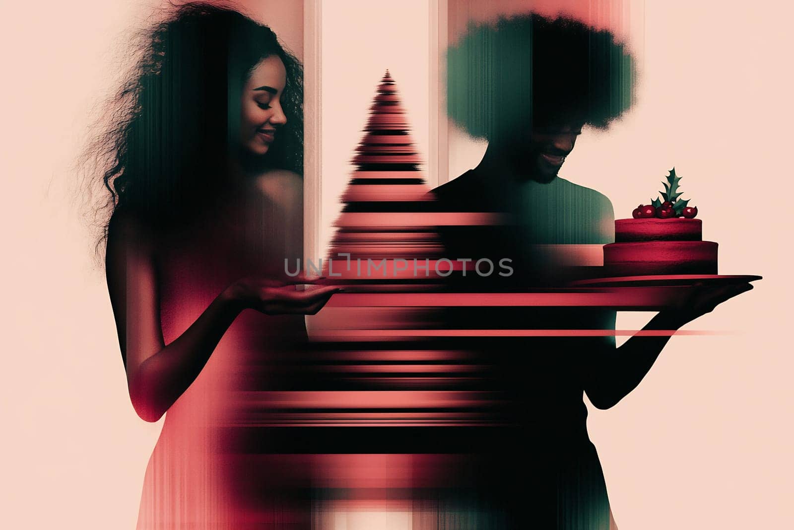 A woman in a red dress and a man with an afro share a cake in a vibrant, abstract setting filled with colorful effects.