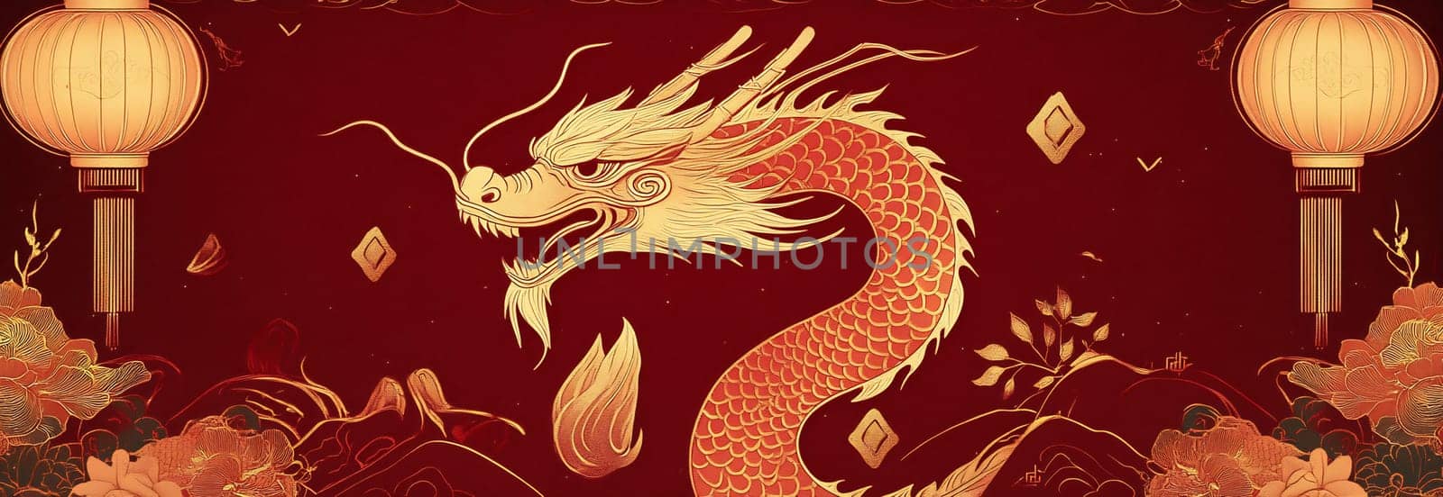 A striking dragon design entwined with lanterns and flowers, reflecting festive traditions against a rich red background.