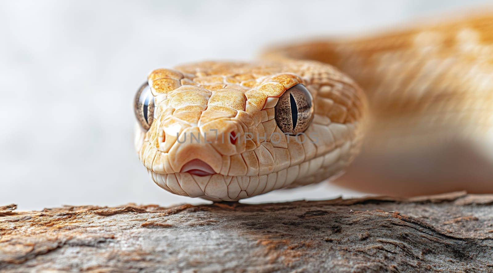 A desert python relaxes on a textured log, showcasing its intricate scale patterns and distinctive features in a serene environment.