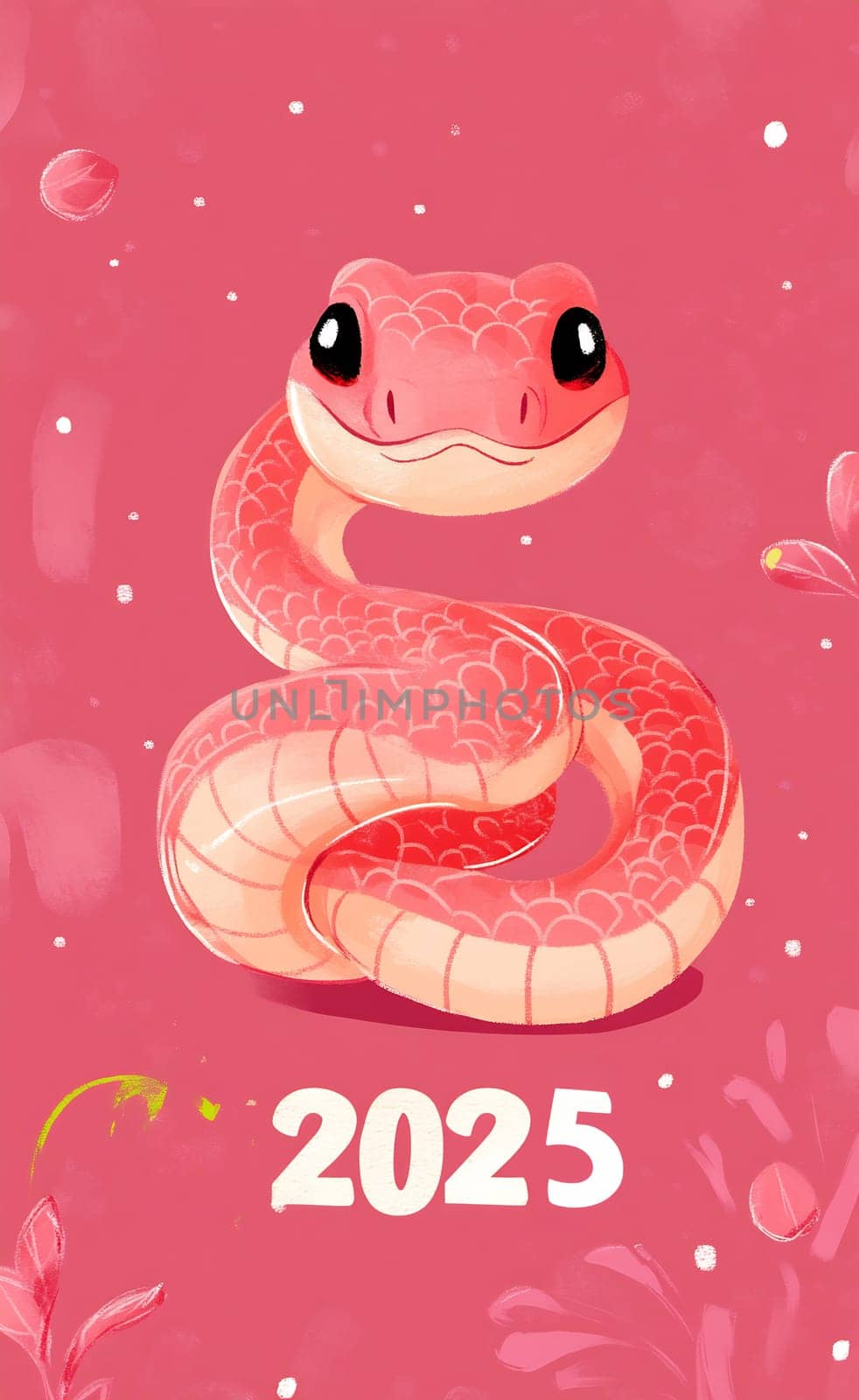 A vibrant cartoon snake with a playful expression symbolizes the Year of the Snake in 2025, surrounded by floral decorations.