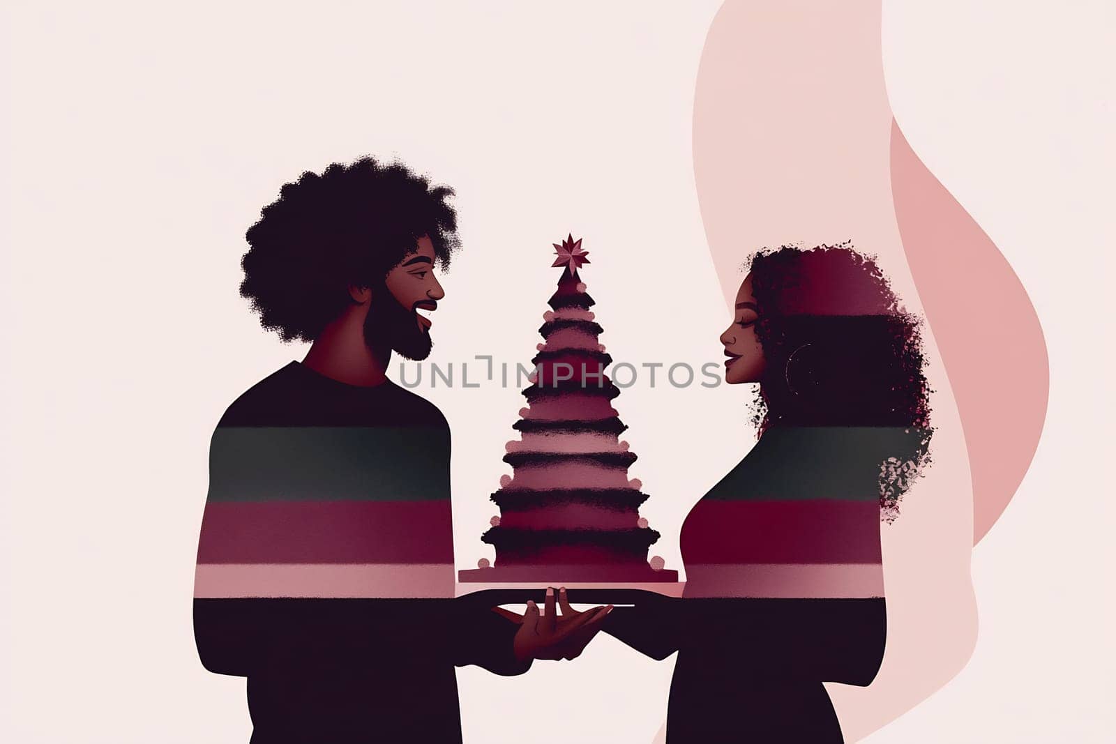A couple joyfully shares a holiday dessert shaped like a Christmas tree, enjoying the festive moment together.
