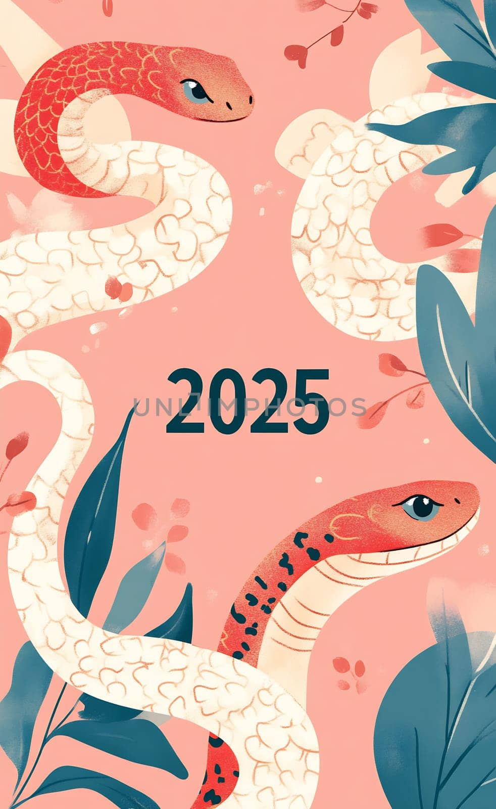 Two stylized snakes swirl among leaves and flowers, featuring the year 2025 in a playful artistic arrangement.