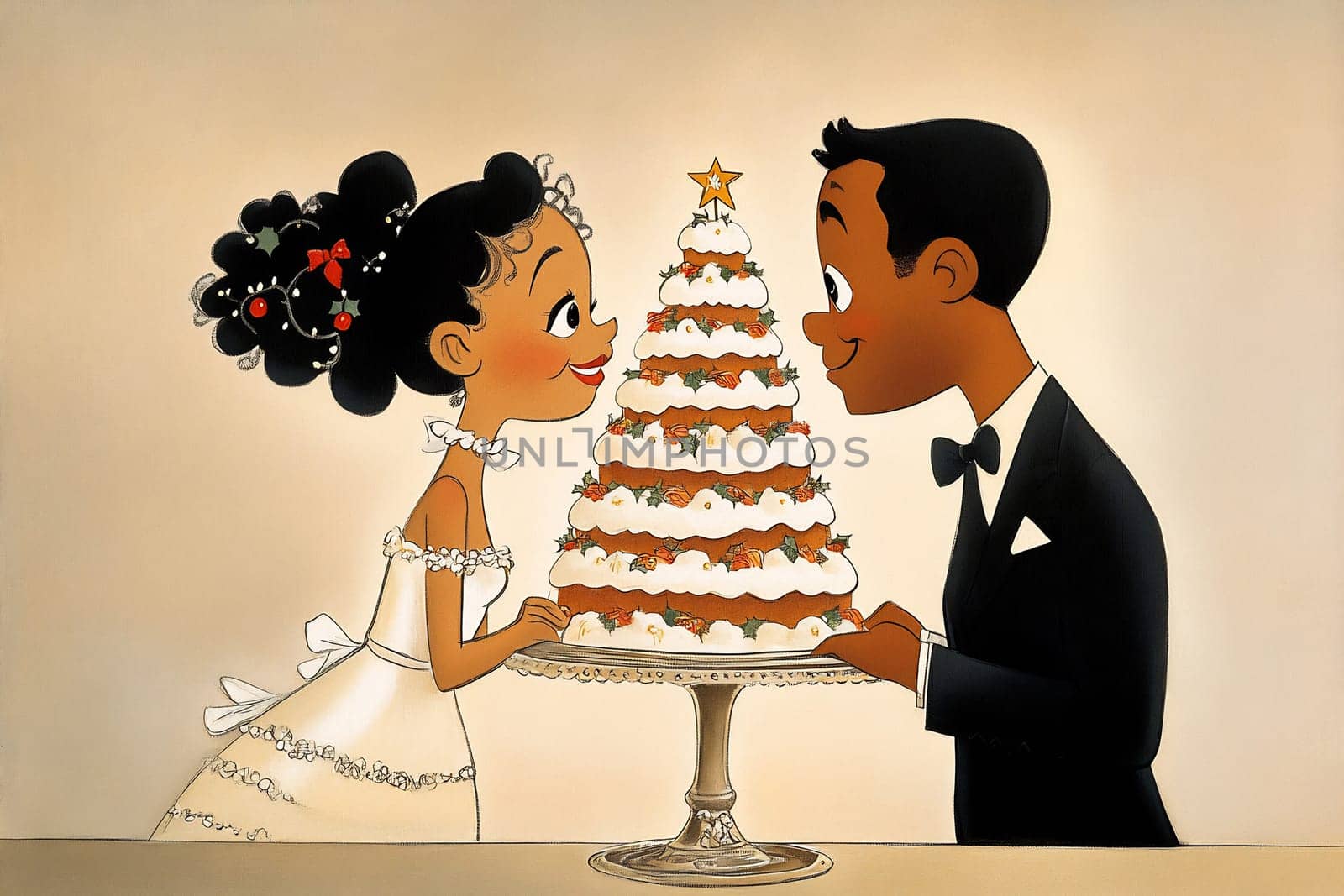 A happy bride and groom admire their stunning wedding cake, sharing a sweet moment of love and joy, dressed for their special day.