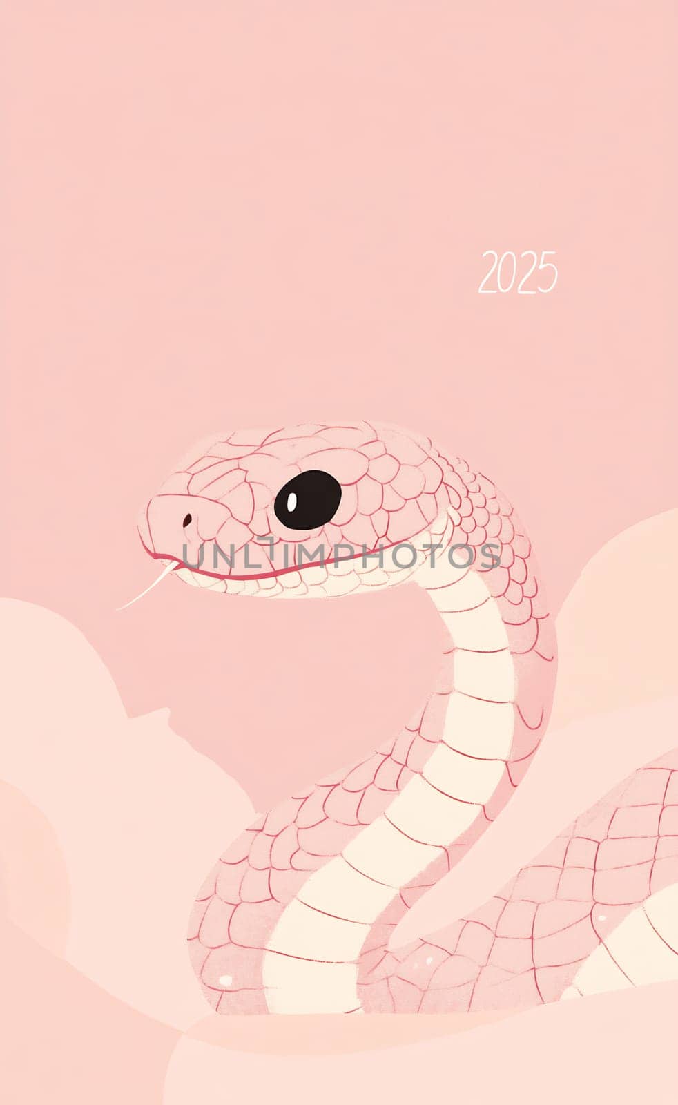 A charming pink snake with large eyes playfully sticking out its tongue, set against a gentle pink backdrop, representing the year 2025.
