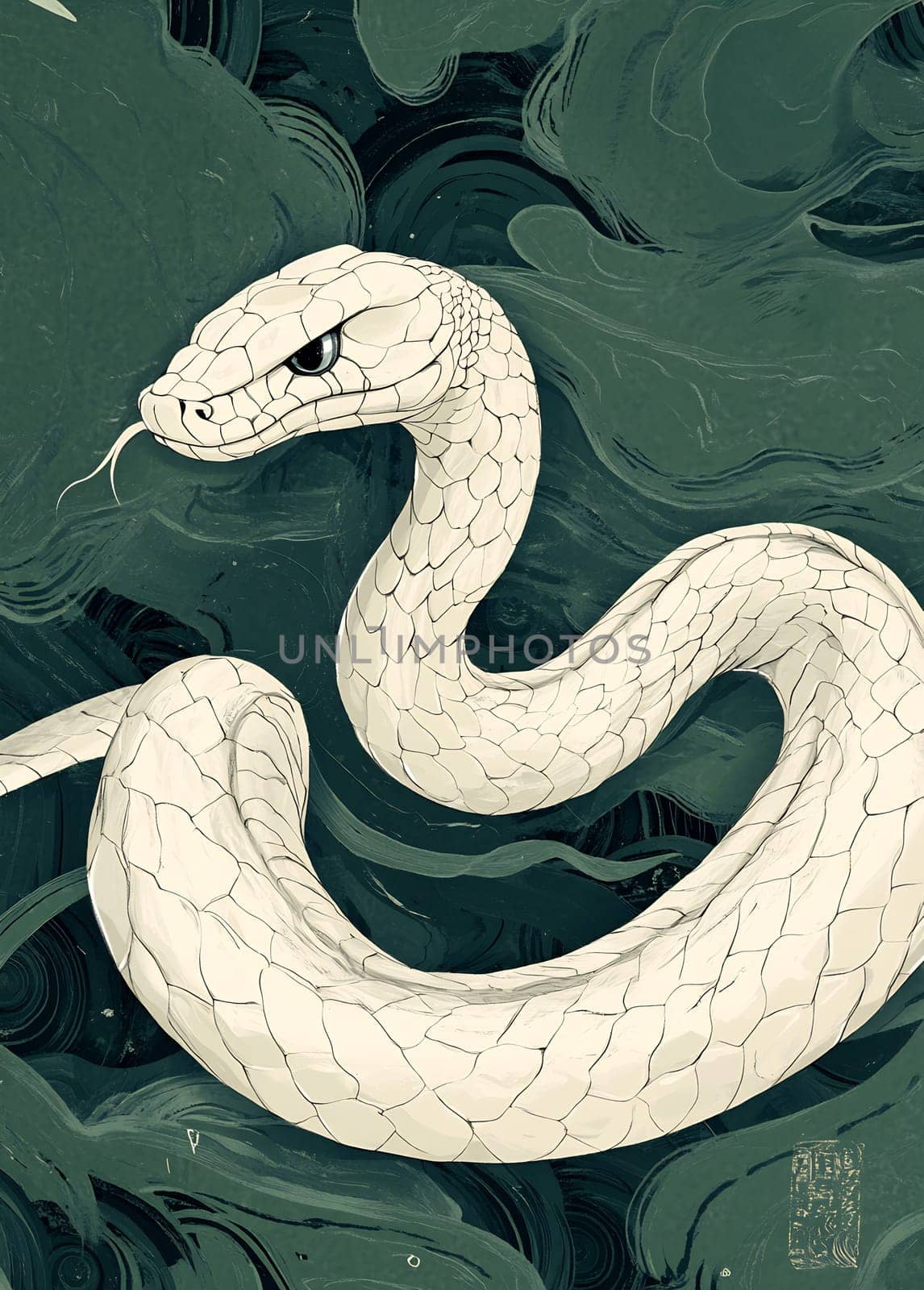 A white snake elegantly coils through dark, swirling patterns, displaying intricate detail and an artistic flair in the overall design.